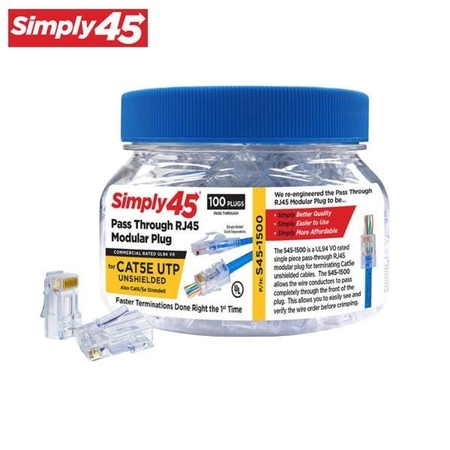 SIMPLY45 Pass Through Blue Tint - Cat5e UTP - 100pc Jar SIM-S45-1500